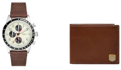 Fossil Herrenuhr Sport Tourer und Geldbörse Hayes, Braunes Leder, Set