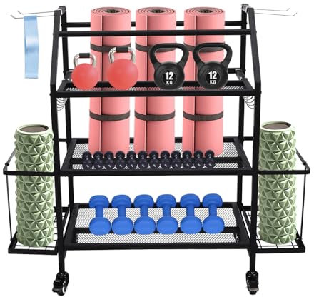 Ciounmb Gym Storage Rack Hantelständer Hantelablage Multifunktionaler Kurzhantelständer Yoga Matte Regal für Kettlebell, Hanteln, Yoga Block, mit Haken und Abschließbaren Rädern, Tragfähigkeit 136KG