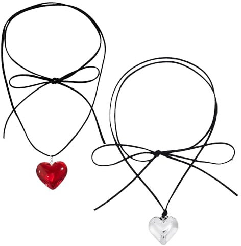 DAZZLUXE 2 Colgantes en Forma de Corazón, Regalo de Joyería Personalizado, Collar Ajustable para Mujer y Hermana (Plata, Rojo), Cuerda de Resina
