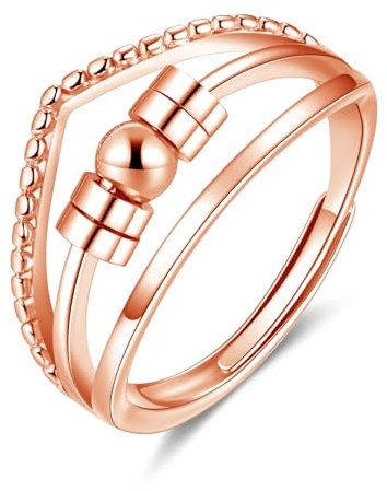 Kamise Silber Anxiety Ring, 925 Sterling Silber Angst Ringe mit 5 Perlen, Drei Schicht Bead Spinner Fidget Ring, Verstellbar Rosegold Anti Stress Ringe, Zappelring Stimmungsring für Damen Mädchen
