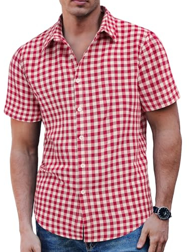 COOFANDY Chemise à carreaux à manches courtes pour homme - Chemise de loisirs - Coupe droite, E-blanc et rouge, 5XL