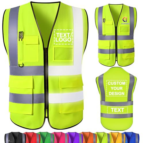 WolunLi Warnweste mit Logo - Personalisierte Sicherheitsweste mit Text, Namen - Warnweste bedruckt für Unternehmen mit Reißverschluss & Taschen Fluorescent Green Medium