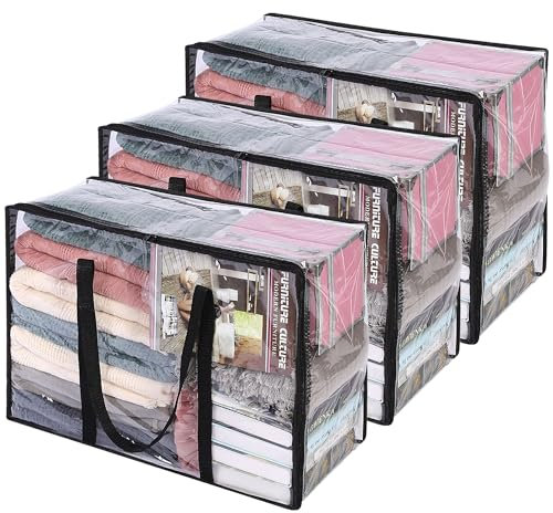 Vieshful 3 Stück Transparente Plastik Aufbewahrungstasche, 90L Organizer Aufbewahrungsbox Kleideraufbewahrung Umzugskartons für Bettdecken, Kleidung, Bettwäsche, Weihnachtskränzen und Steppdecken