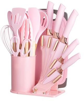 KUMOMA Juego De Utensilios De Cocina De Silicona Sin Bpa con Cuchillos Y Tabla De Cortar 19 Piezas Menaje De Cocina Utensilios con Mango De Madera Herramienta De Cocina Resistentes Al Calor, Pink