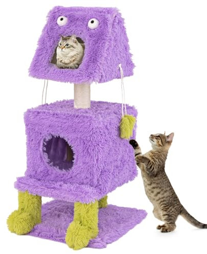 GOPLUS Arbre à Chat en Forme de Monstre Violet, Arbre a Chat Maine Coon à 3 Niveaux, 2 Condos pour Chat, Poteaux à Gratter en Sisal, Jouets Suspendus, Meuble en Peluche pour Chat et Chatons