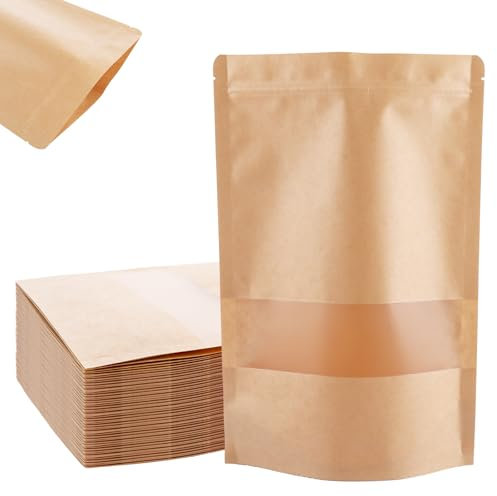 YOUNTHYE 100PCS Kraft Paper Bags for Food, 20x30cm Large Resealable Pouches With Window, Brown Kraft Pouches, Stand Up Food Bags for Beans, Nuts, Coffee, Tea