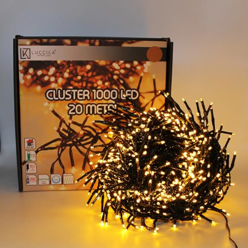 Luccika, Luci a Grappolo Cluster Oro, 20 Metri, 1000 LED da Ø 3mm, Catena Luminosa per Albero di Natale, 4 Effetti di Luce, Telecomando, Timer, Cavo Verde IP44, Uso Interno/Esterno