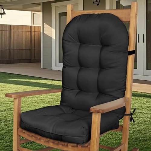 FlyGulls Outdoor Patio Chair Cushions Waterproof One-Piece Tufed Rocking Chair Cushion with Ties High Back Adirondack Pads for Patio Furniture (1, Black)