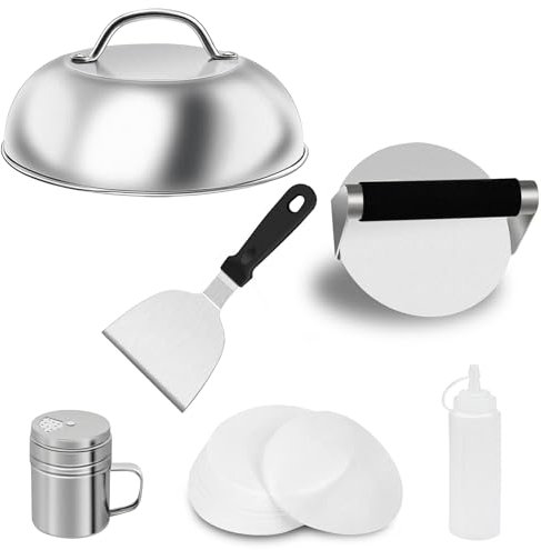 Qcdou Burger Press Kit, Smash Burger Press, 6PCS Flat Top Griddle Accessories Kit, with Smash Burger Press, Burger Flipper, 9'' Cheese Melting Dome, 100 Wax Discs, Spice Bottle, Squeeze Bottle