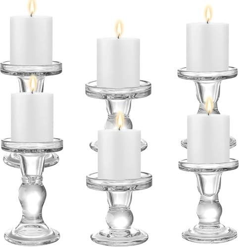 6er Kerzenhalter Glas Set mit Römischem Säulen, Transparente Kristall Teelichthalter für Stabkerzen, Stumpenkerzen & Tischdeko I Robust Bleifreies Glas Hochzeit, Party, Geschenkidee