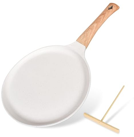 Poêle à Crêpes - Poele a Pancakes Fonte d'Aluminium, Revêtement Anti-Adhésif Façon Pierre avec Manche Amovible e Répartisseur de Pâte-Compatible Feux y Compris Induction (Blanc-24cm)