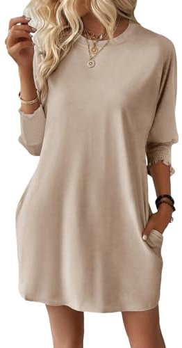 Dokotoo Womens Dresses Summer 2025 Fashion 3/4 Sleeve Elastic Smocked Crewneck with Pockets Solid Color Spring Casual Women's Mini Dress Oatmeal XL