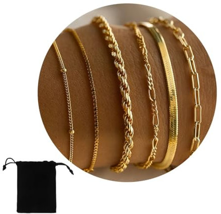 HUZNA 6 Pcs Gold Armbänder Damen, Armband Damen Edelstahl Ketten, Cubic Zirkonia Gold Armband Damen, Ergoldet Armbander Twist Schlange Armkette Damen, Modeschmuck Für Damen Mädchen