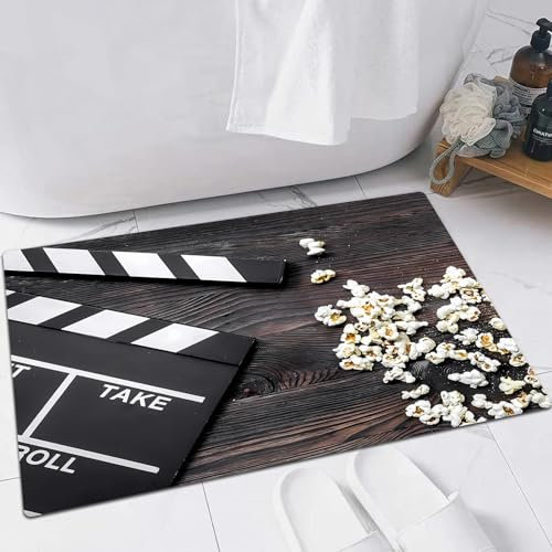 FSDGY Non-slip Barrier Mats Door Mat, Super Absorbent Entrance Rug Machine Washable Soft Floor Mat Carpet,Watching the film. Movie clapperboard and popcorn on wooden tabl,16x24in