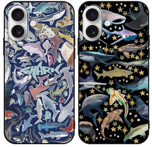 Phoona 2 Stück Handyhülle für iPhone 16 Hülle 6,1'', Aesthetic Hai Motiv Design Weiche TPU Ultra Dünn Silikon Schutzhülle Kratzfeste Stoßfest Kameraschutz Bumper Case für Mädchen, Schwarz