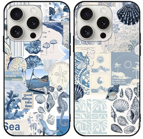 Phoona 2 Pack Cute Case for iPhone 15 Pro 6.1, European Collage Preppy Summer Girly Design Pattern for Girls Women, Slim Soft Silicone Shockproof Bumper Protector Cover, Blue 04