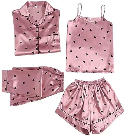 4 Piece Pyjamas Set Women, New Solid Satin Pajamas Cami Tops Shorts Pants Nightwear Pjs Sets Sleepwear Soft Comfy Loungewear Ladies Pyjama Sets Sexy Underwear Homewear for Spring Summer