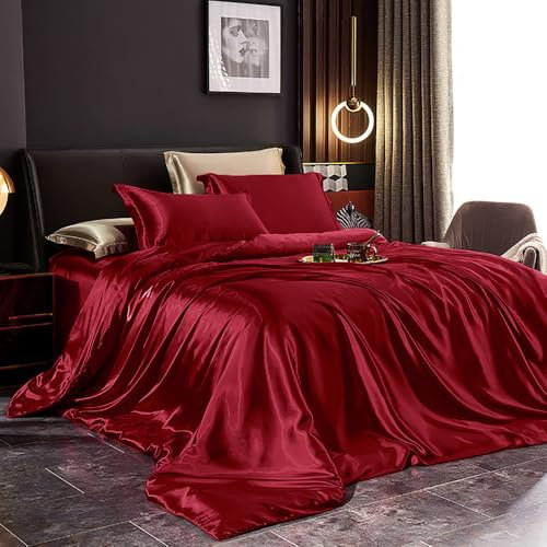 Covebett Satin Bettwäsche 135x200 Rot Weinrot Uni Glatt Luxus Seide Aesthetic Seidenbettwäsche Set Einfarbig Glänzend Glanzsatin Microfaser Sommer Bettbezug und Kissenbezug 80x80cm Reißverschluss
