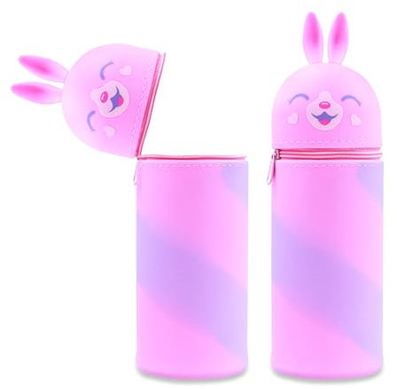 MPXEAVG 2 in 1 Weiche Silikontasche Kawaii Federmäppchen, Stiftetasche Buntstifte Marker, Stand Up Federmäppchen, Niedliche Schulbedarf Mädchen Junge (Farbiger Hase)