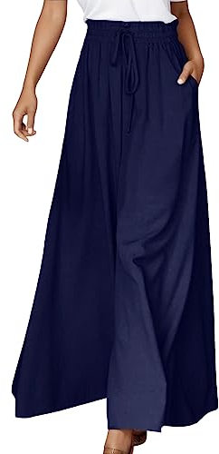 CEWIFO Vendita Flash di Liquidazione Oggi Pantaloni da Donna Casual Tinta Unita a Gamba Larga Lunghi in Vita con Coulisse e Volant (Navy-1, XL)