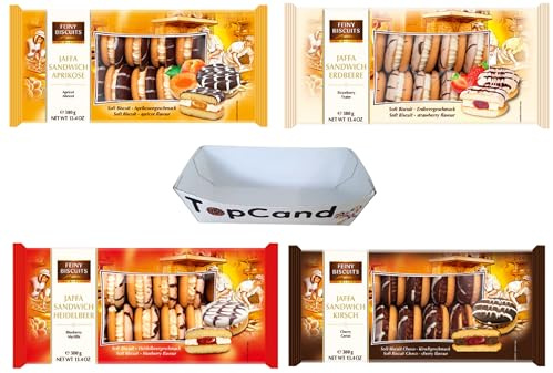 Feiny Biscuits Jaffa Cakes Sandwich 4 x 380g Vorteilspack | Sahne Aprikose | Sahne Heidelbeere | Schokolade Kirsch | Sahne Erdbeere | & Topcandy Snack Schale