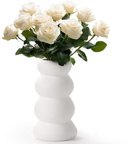 Bosilunlife Keramik Vase Beige für Pampasgras, Moderne Blumenvase Weiß, Boho Deko Vase klein für Wohnzimmer Esstisch, Skandinavischer Stil Trockenblumen Deko