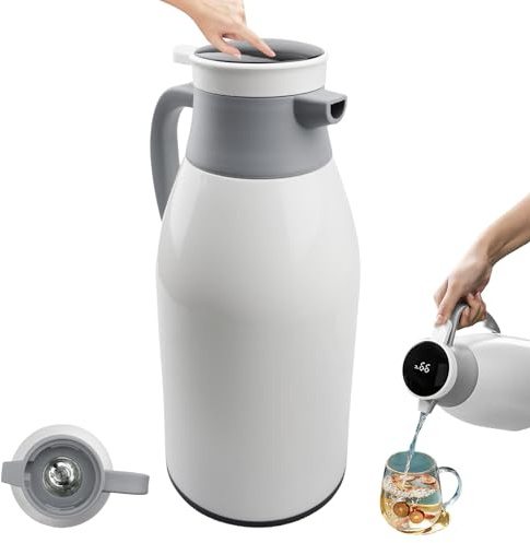 LEKEFETO Isolierkanne 2L, Thermoskanne mit Temperaturanzeige, Doppelwandige Isolierkanne Edelstahl, Kaffeekanne Thermo für Tee Wasser Milch Getränke (Weiß)