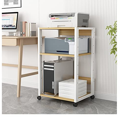 GEK208130 Büro Drucker-CPU-Lagerregal, 3-lagiges multifunktionales Home-Office-Lagerregal mit Rollen, 50×40×90 cm, Weiß Druckertisch
