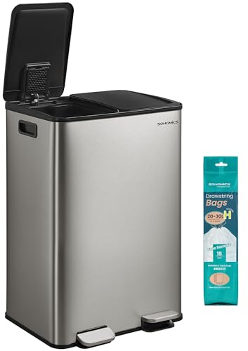 SONGMICS Poubelle de Cuisine, 2 x 30 L, 2 Compartiments, Poubelle à Pédale, Couvercle à Fermeture Douce, avec Seaux Intérieurs, Acier Inoxydable, 15 Sacs Poubelle Inclus, Argent LTB741EZ01