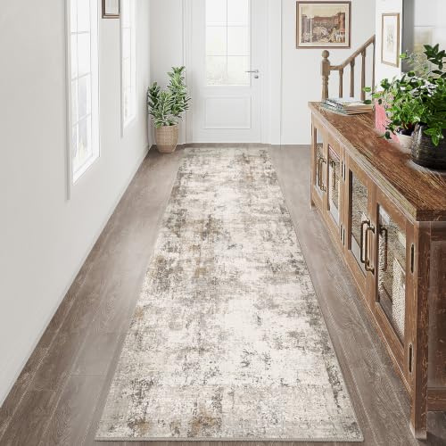 HUGEAR Braun Grau Läufer Flur Teppich 80x300cm Waschbarer | Waschbarer Modern Abstrakter Läufer, Rutschfest, Kurzflorig, Weich, für Flur, Küche, Teppichflur, Schlafzimmer