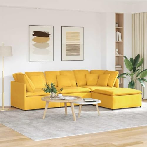 QUAHEAS Modulares Sofa mit Fußhocker, Cordstoff Hellgelb, 300x200x64 cm, Verstellbare Eckcouch für Wohnzimmer, Langlebige Polstermöbel mit Kissen