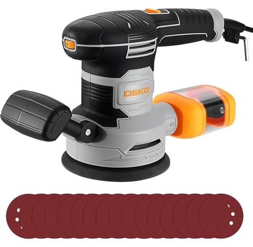 DEKOPRO 125 mm slipmaskin med dammuppsamlingssystem, 450 W träslipmaskin, inklusive 16 slipblad och 6 justerbara hastigheter