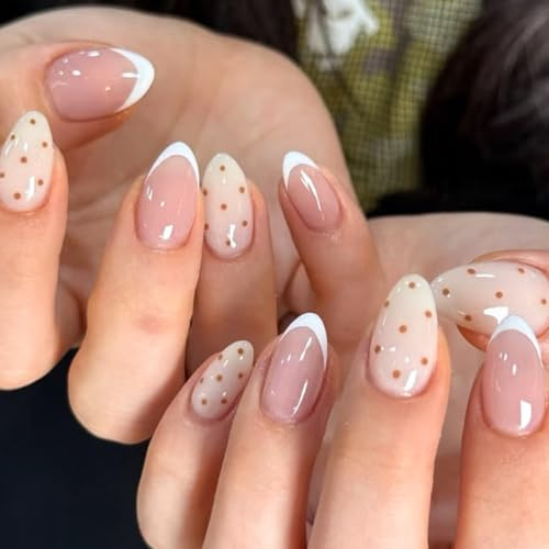 French Tip False Nails - Whiite Press on Nails Almond with Wave Dot - 24PCS Glossy Almond Fake Nails with Glue Long Lasting - Removable Acrylic Stick on Nails for Women Nail Art