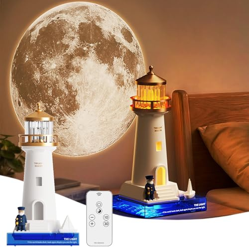 Leuchtturm Deko, LED Deko Maritim Lighthouse Fernbedienung mit Sunset Polarlicht Mond Saturn Milchstraße, Innen Ostsee Nachtlicht Deko Zimmer Aesthetic Room Stimmungslicht Indirektes