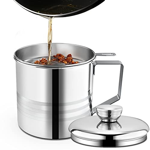 Chihee Colador de Aceite Lata de Grasa 1.2 L Colador de Alimentos Acero Inoxidable Recipiente con Colador de Malla Fina,Adecuado para Almacenar, freír, Cocinar