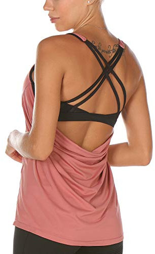 icyzone Damen Sport Yoga Top mit BH - 2 in 1 Fitness Shirt Cross Back Gym Sport Tank Top (L, Peony)
