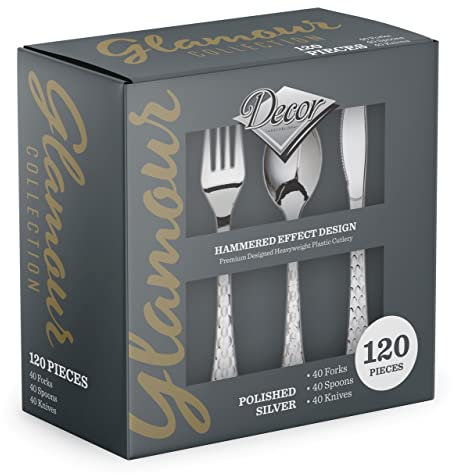 Decorline-120 Teiliges Vorteilspack Luxe Schwergewicht Wiederverwendbar Plastik Besteck aus Kunststoff, PS metallisiert-Glamour Collection - Silber