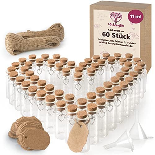 WeddingTree 60 x kleine Glasflasche 60 x 11 ml – Reagenzglas für Hochzeiten – kleine Glasflasche – Behälter für Süßigkeiten aus Glas mit Kork und Anhänger in Herzform