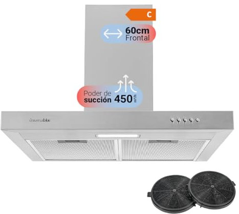 UNIVERSALBLUE Campana Extractora 60 cm en T Acero Inoxidable | Potencia 450 m³/h | Extractor de Aire y Humo Eléctrico para Cocina | Luz LED | 3 Velocidades | Filtros de Carbono Incluídos
