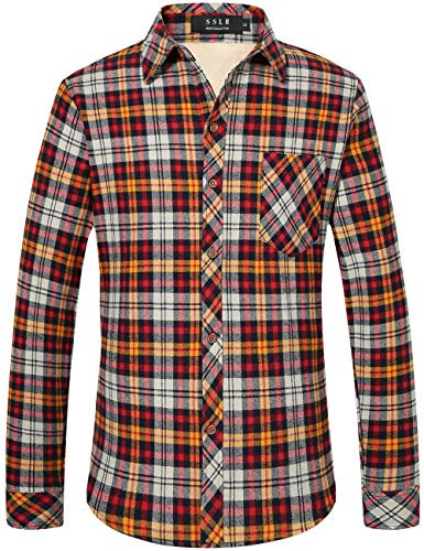 SSLR Chemise Homme en Polaire Doublée à Carreaux - Costume Traditionnel Manches Longues - Thermique Bûcheron, Rouge/Jaune, L