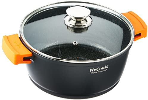 WECOOK! Ecochef Titanio Cazuela Alta Inducción Tapa de Cristal 24cm, 5 Capas Antiadherente QUANTANIUM Ecológico sin PFOA, Aluminio Fundido 5mm, 11,75cm Alto, Asas Silicona, Vitrocerámica, Gas, Horno