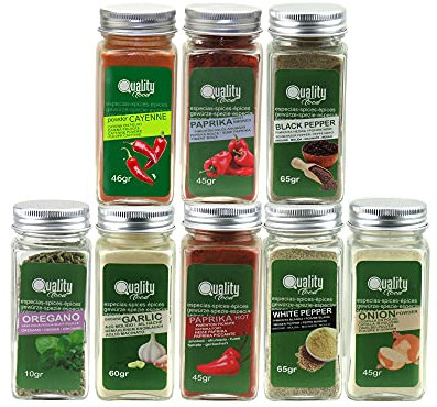 Pack d'herbes aromatiques usage quotidien. Idéal pour les cadeaux et l'usage quotidien. 8 bocaux en verre, réutilisables. Ail, oignon, poivre noir et blanc, paprika doux et piquant, origan et cayenne