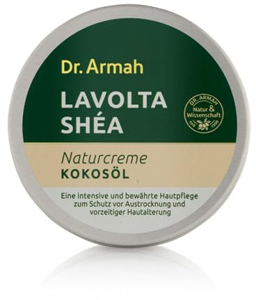 Dr. Armah - Lavolta Shéa - Naturcreme Kokosöl - Hautcreme aus Sheabutter mit Vitamin E & Kokosöl für intensive Feuchtigkeit - Creme für trockene & sensible Haut - Für Gesicht & Körper - 125 ml