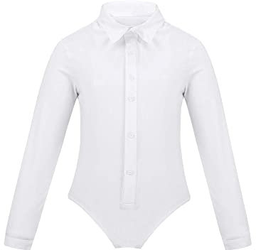 Agoky Kinder Jungen Langarm Bodysuit Tanzbody Latein Anzug Hemd Shirt mit Fliege Einteiler Jumpsuit Overall elastische Leotards Weiß B 152
