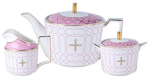 FBWSM Nachmittagstee Keramik Teeservice,Einzigartiges Design Porzellan Teeservice,Kaffeekanne,Keramik Teekanne,Milchkrug Und Zuckerdose,Gold Geometrische Muster-Pink