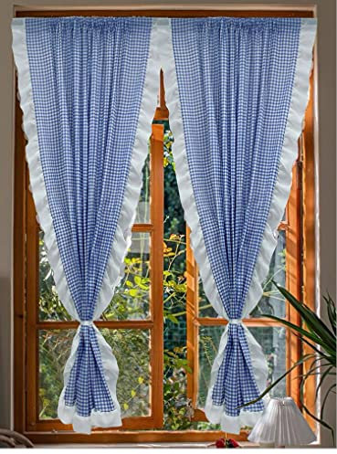 Yaland Scheibengardinen Gardinen Schal Landhausstil Karo Vorhänge Vintage Stangendurchzug Blickdicht Breite 150cm Hoch 160cm Blau