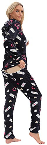 QIYUANT Pigiama Tutina Donna con Cappuccio Apertura Posteriore Caldo Morbido Peluche Pile Cerniera Intera Manica Lunga Monopezzo Autunno Inverno Halloween Natale Tuta da Casa Notte (Cuore Nero,M)