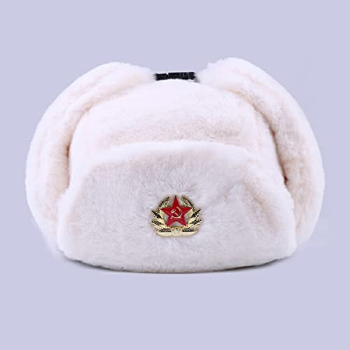 Ciamlir Russische Mütze Sowjetisches Abzeichen Uschanka Herren Damen Wintermützen Kunstkaninchenfell Militär Bombermütze Trapper Ohrenklappe Schnee Skimütze, Beige, Einheitsgröße