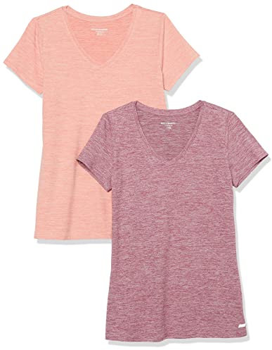 Amazon Essentials T-shirt Stretch et Quick Dry, Col en V et Manches Courtes (Disponible en Grande Taille) Femme, Lot de 2, Prune Teinture Spatiale/Rose Saumon Teinture Spatiale, XXL