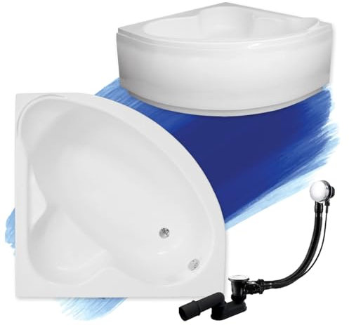 Baignoire d'angle BADLAND - Blanc - En acrylique - Standard - 120 x 120 cm - Kit complet avec tablier en acrylique blanc + pieds et bonde d'évacuation automatique exclusive chromée - Fabriqué en UE -